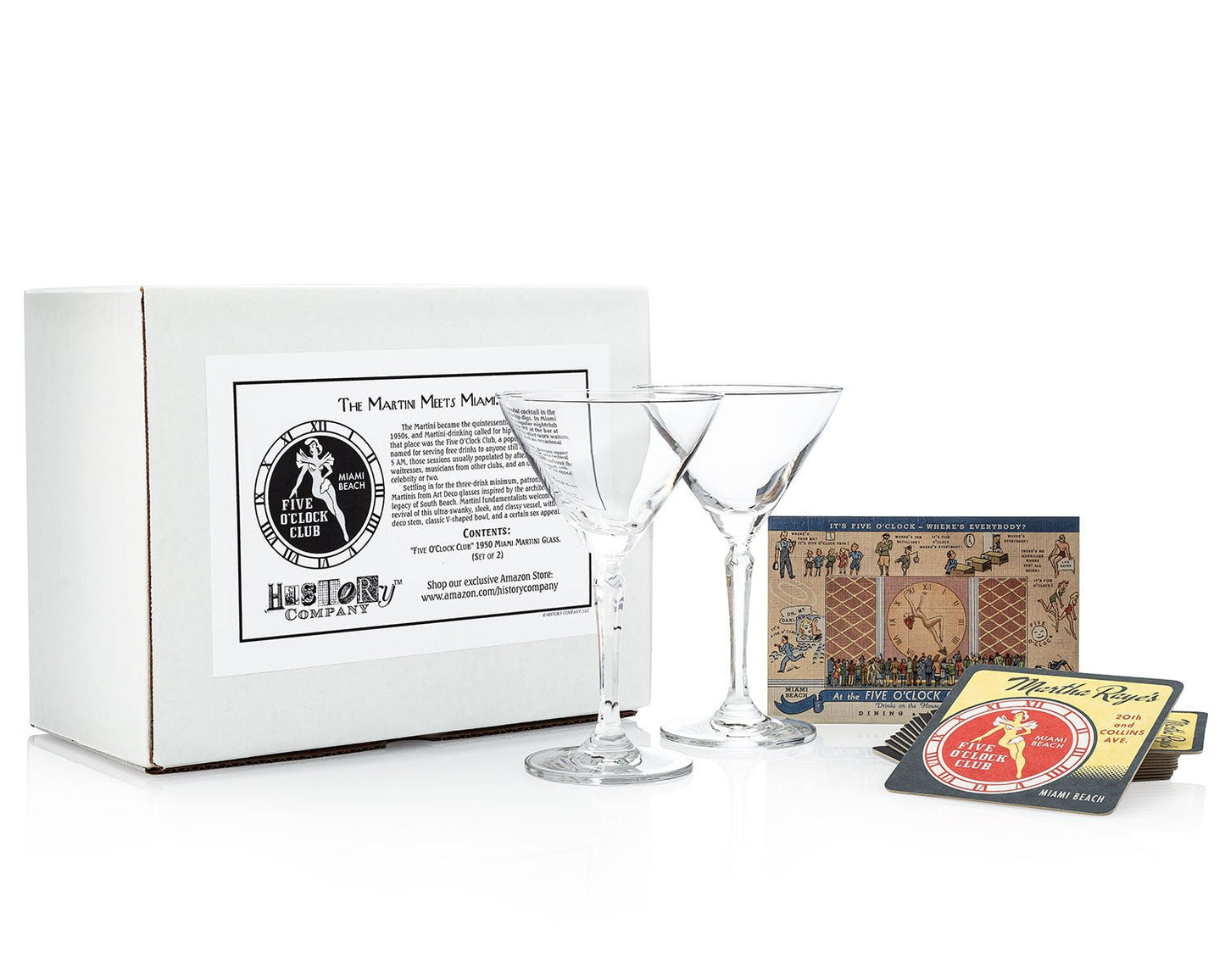 HISTORY COMPANY - 1950s Miami Beach 'Five O’Clock Club' Martini Glass, a 2-piece Art Deco set for classic cocktails.