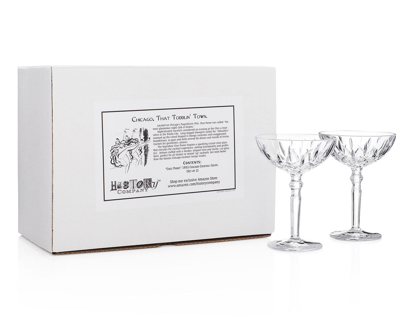 HISTORY COMPANY - Chez Paree 'Chicago Nightclub' Coupe Glasses, a 2-piece set crafted for classic cocktails and glamour.