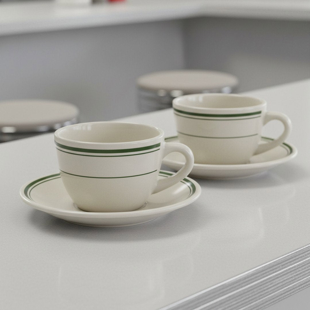 Jersey Diner Coffee Cup and Saucer – Authentic Classic Eggshell White with Green Bands – Two 2 - Piece Sets (Gift Box Collection) - HISTORY COMPANY