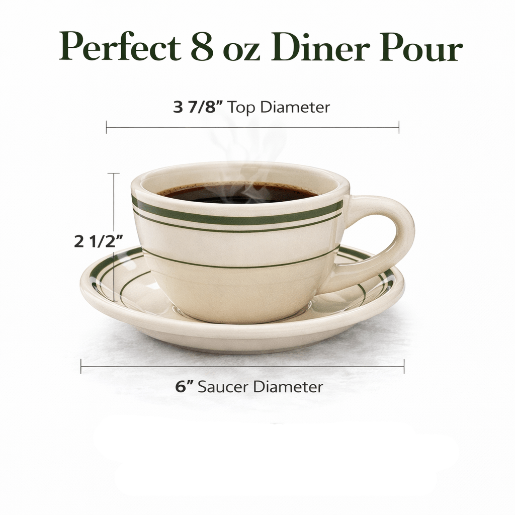 Jersey Diner Coffee Cup and Saucer – Authentic Classic Eggshell White with Green Bands – Two 2 - Piece Sets (Gift Box Collection) - HISTORY COMPANY