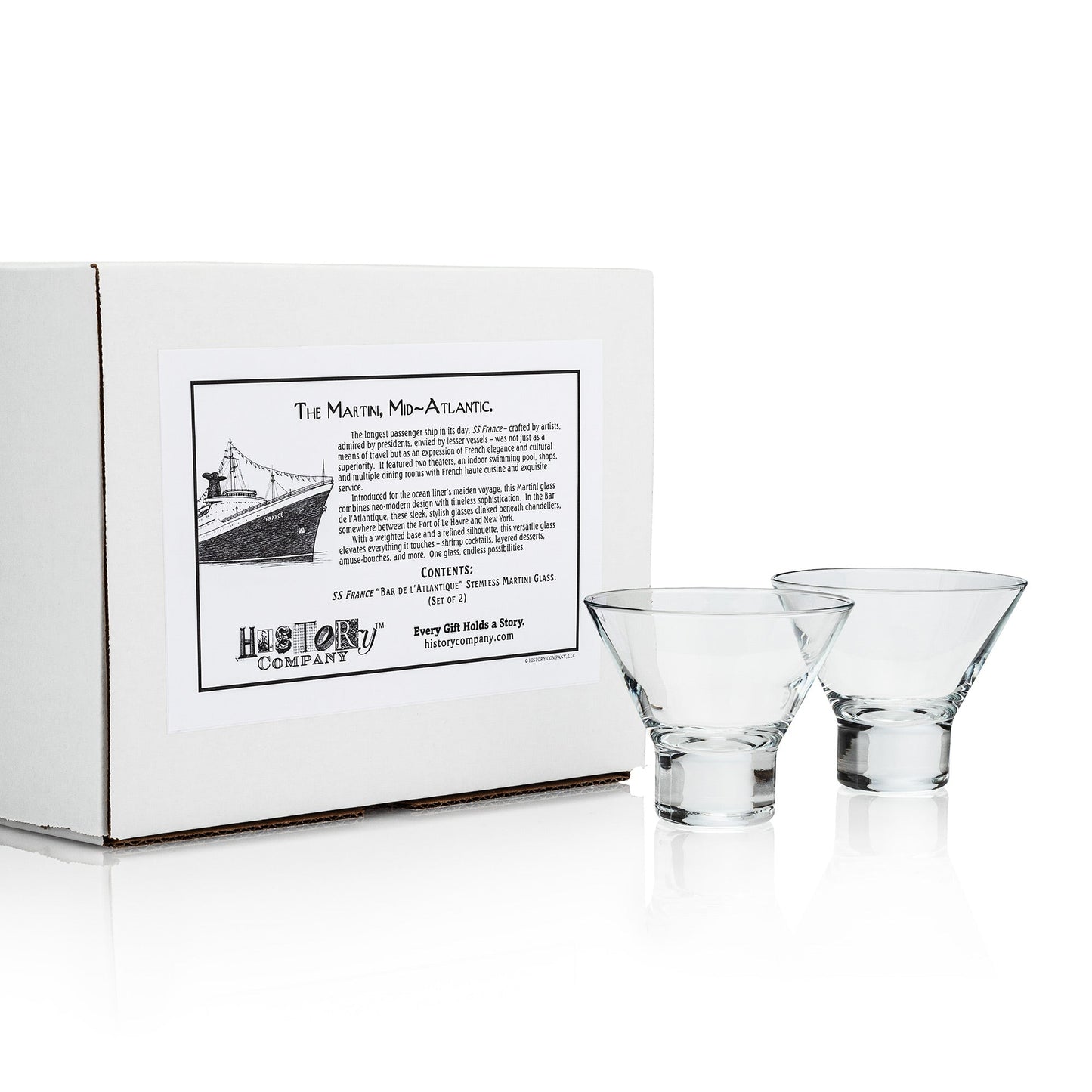 SS France “Bar de l’Atlantique” Stemless Martini Glass, 1962 Ocean Liner 2 - Piece Set (Gift Box Collection) - HISTORY COMPANY