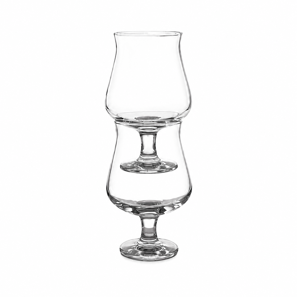Two stackable 13-ounce Belgian beer glasses with bulbous bowls, short stems and flared rims