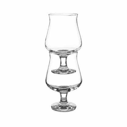 Two stackable 13-ounce Belgian beer glasses with bulbous bowls, short stems and flared rims
