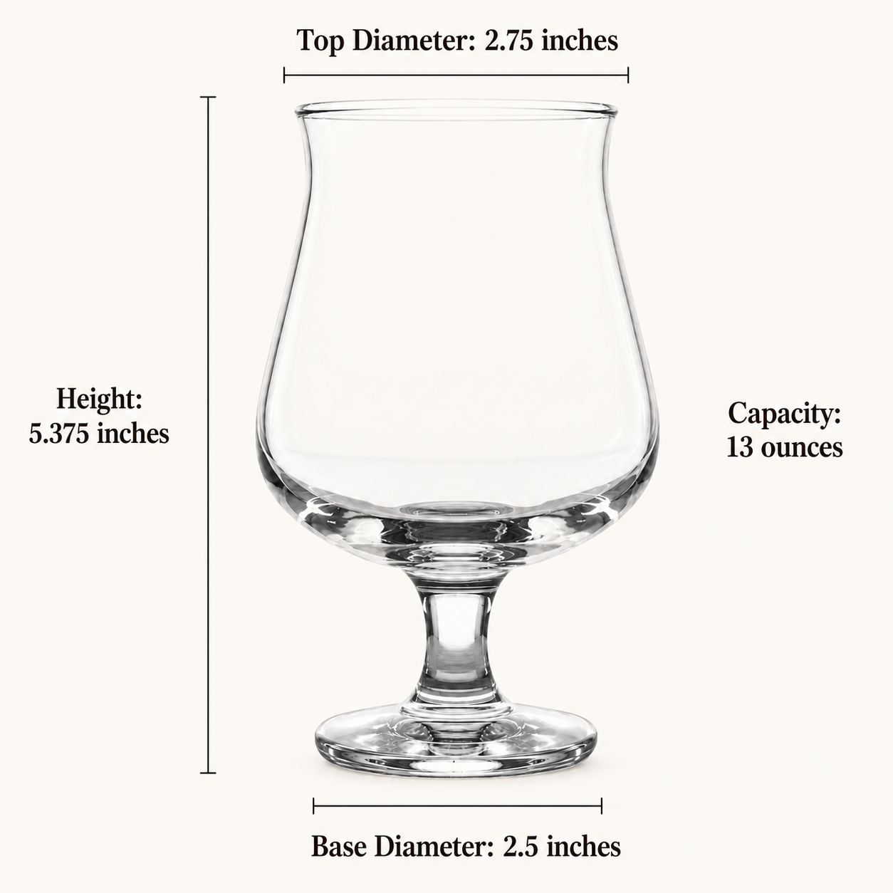 13-ounce Belgian beer glass dimensions showing 5.375-inch height, 2.75-inch rim and 2.5-inch base