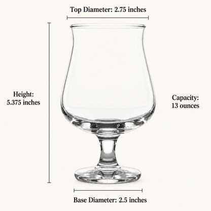 13-ounce Belgian beer glass dimensions showing 5.375-inch height, 2.75-inch rim and 2.5-inch base