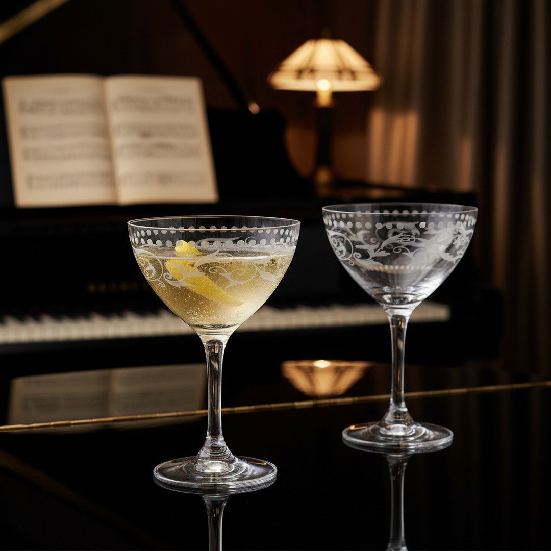 A Cole Porter “Opening Night” Crystal Champagne Cocktail Coupe, 2 - Piece Set (Gift Box Collection) - HISTORY COMPANY