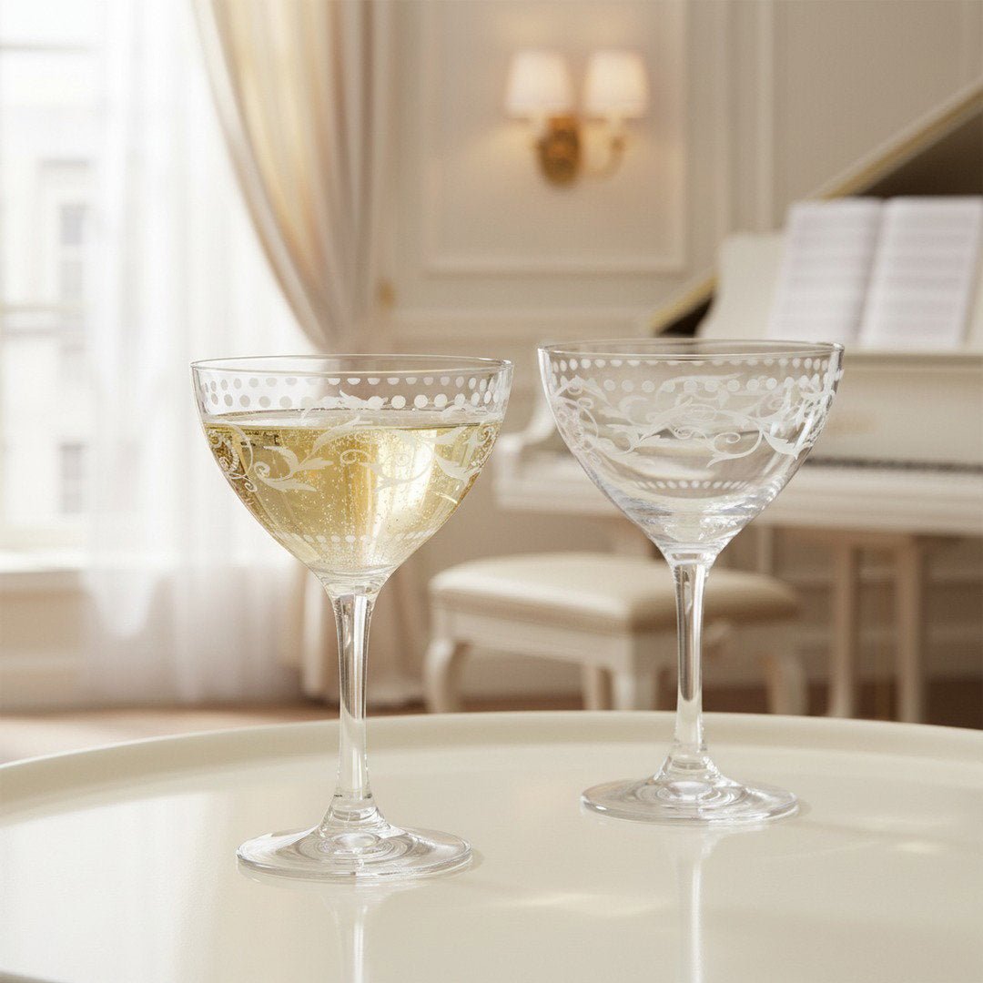 A Cole Porter “Opening Night” Crystal Champagne Cocktail Coupe, 2 - Piece Set (Gift Box Collection) - HISTORY COMPANY