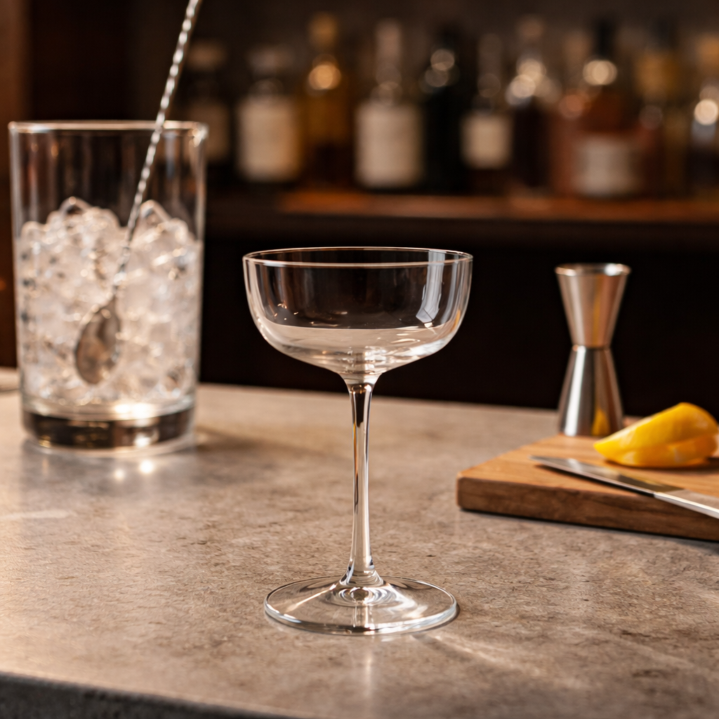 Vintage cocktail coupe glass perfect for martinis, champagne, and celebrations.