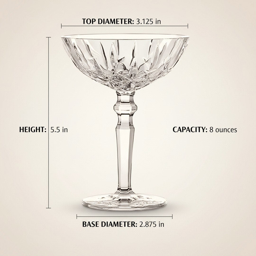Crystal-clear coupe glasses with cut-glass base and slender stem