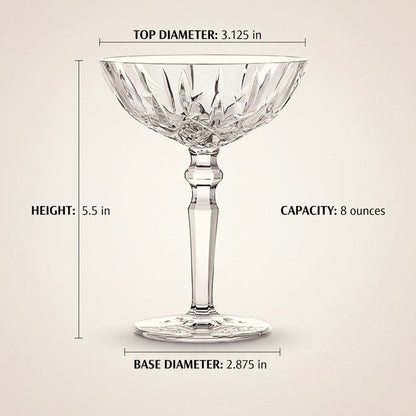 Crystal-clear coupe glasses with cut-glass base and slender stem