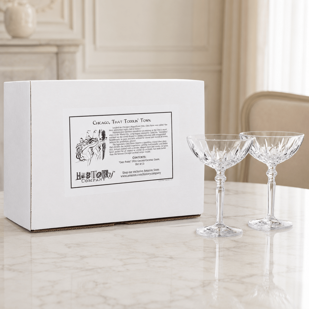 At Chez Paree 1933 “Chicago Nightclub” Cocktail Coupe Glass, Vintage - Inspired 2 - Piece Set (Gift Box Collection) - HISTORY COMPANY