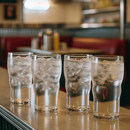 Authentic Jersey diner water glasses inspired by classic 1950s soda fountain service, sturdy clear tumblers set of 4.