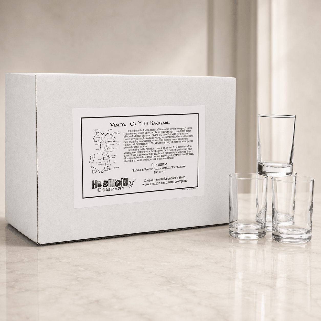 Bàcaro di Veneto "Piccolo - Size" Italian Stemless Wine Glass, 4 - Piece Set (Gift Box Collection) - HISTORY COMPANY