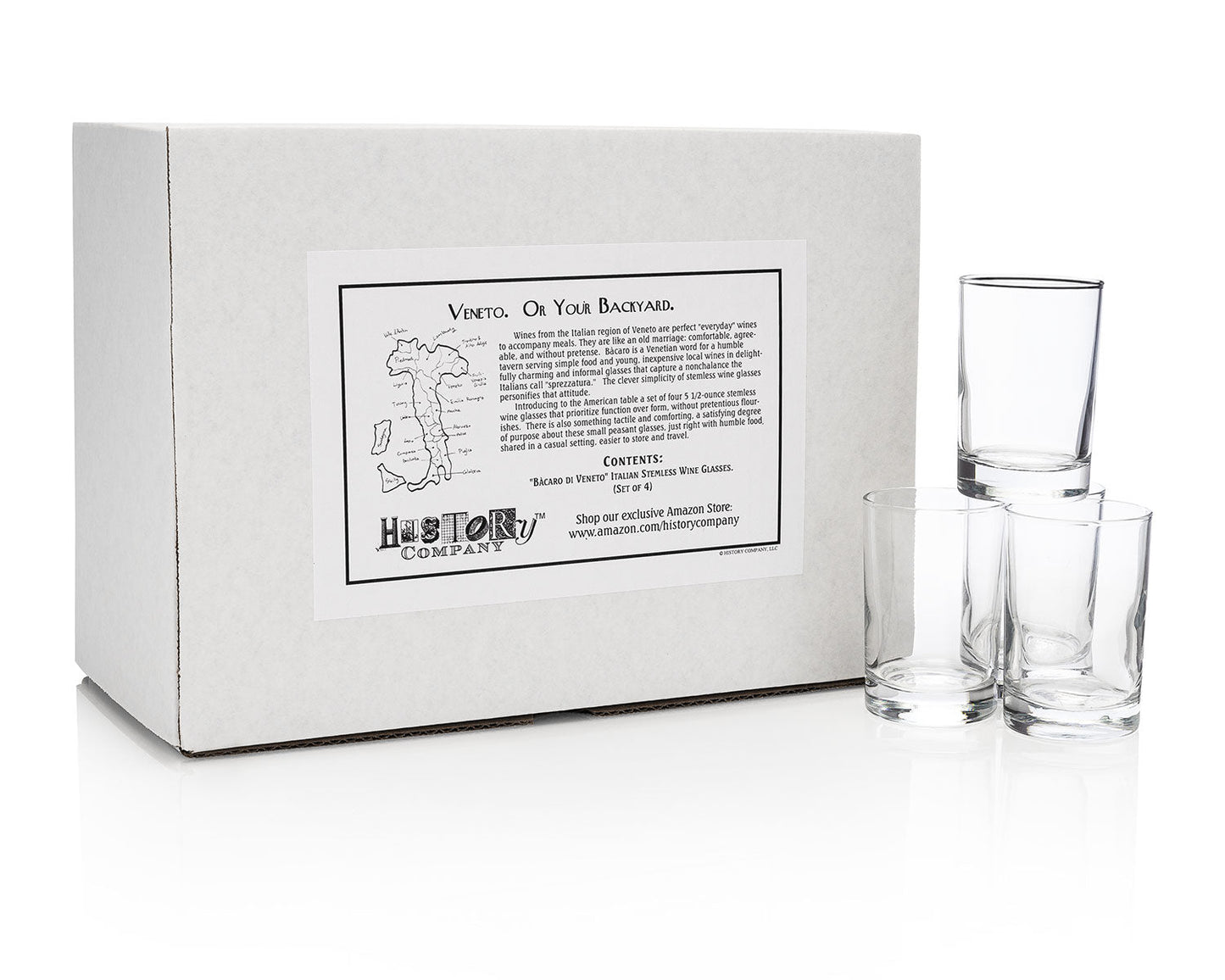 HISTORY COMPANY - Elegant Bàcaro di Veneto Wine Glasses, a 4-piece rustic Italian stemless set designed for authentic dining.