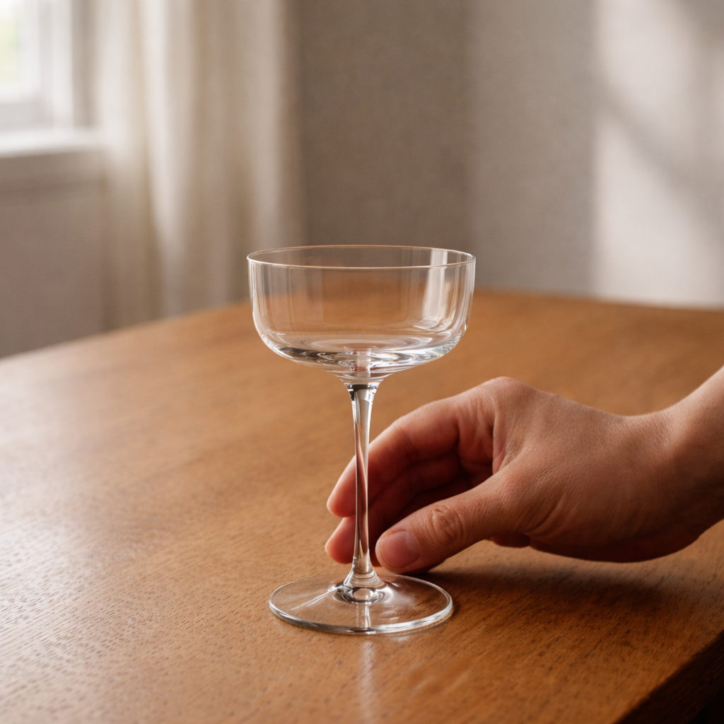 Vintage-style coupe glass with refined stem and shallow cocktail bowl.