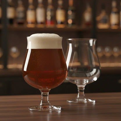 Stemmed Belgian beer glass filled with amber ale and a creamy foam head beside an empty glass