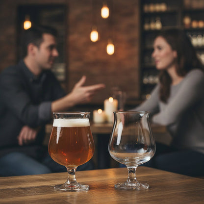 Belgian beer tasting glasses on a pub table, one filled with amber craft beer and one empty