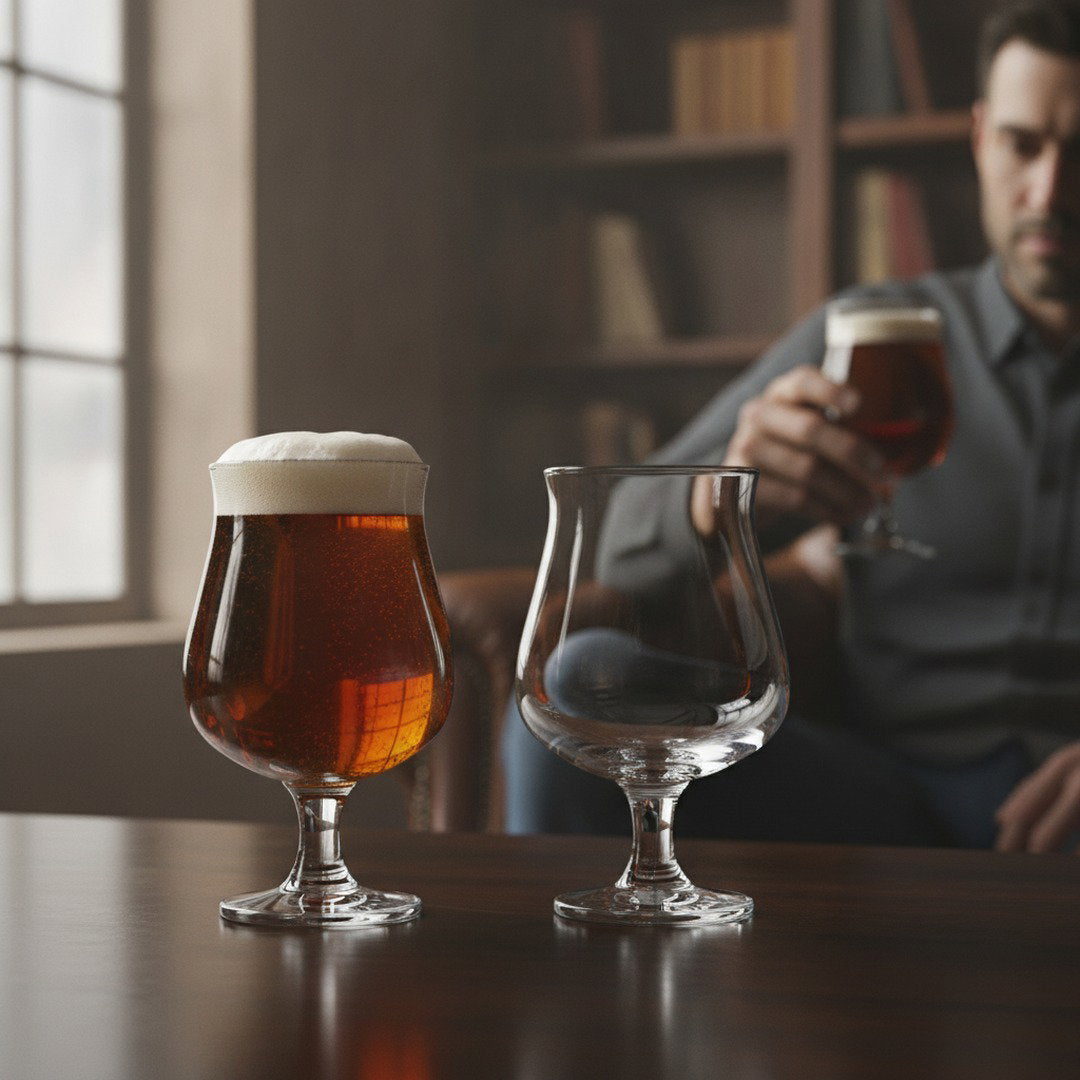Belgian-style beer glasses with amber ale and an empty glass during a relaxed home tasting
