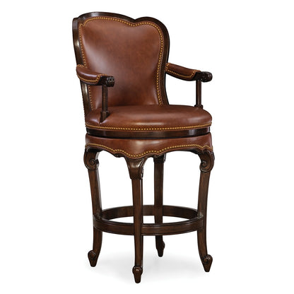 Brasserie Swivel Bar Stool with tall upholstered leather back, polished wood frame, brass nailhead trim, and classic Parisian café style.