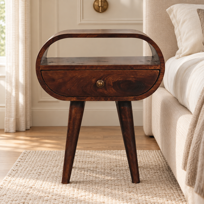 California walnut-finish bedside table with rounded edges, an open shelf and brass drawer knob beside an ivory bed.