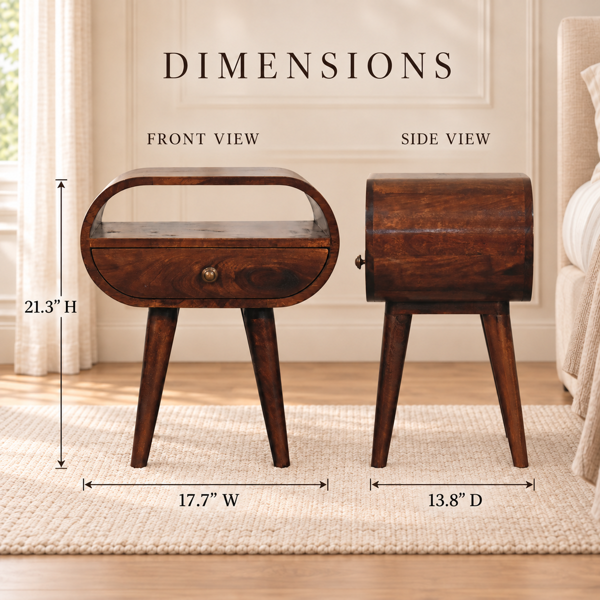 Front and side views of the walnut-finish bedside table showing its 21.3-inch height, 17.7-inch width and 13.8-inch depth.