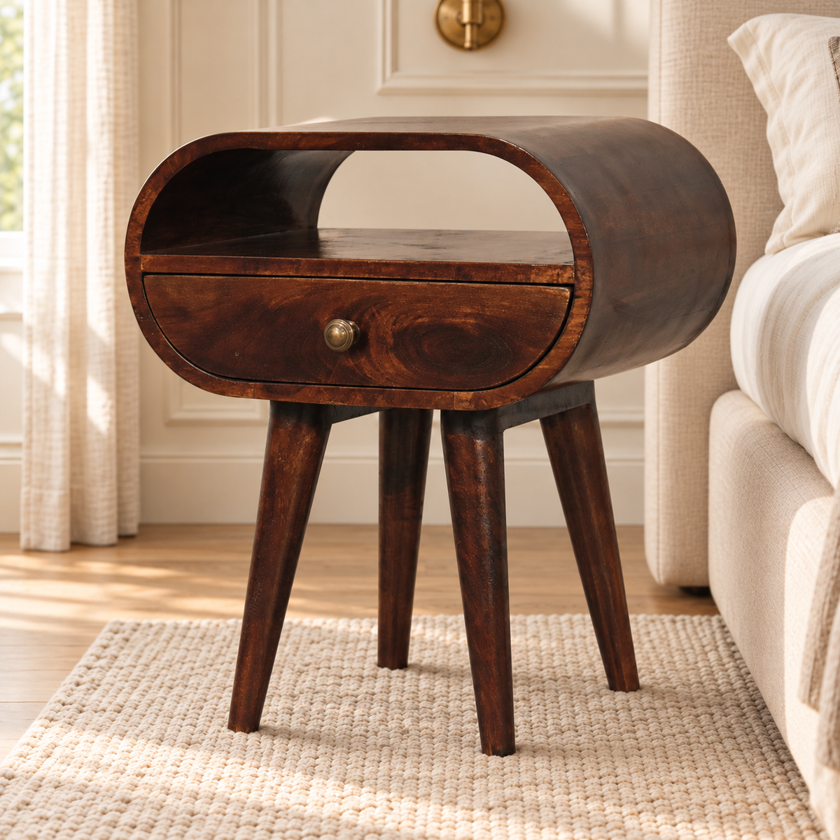 Walnut-finish bedside table viewed from the left, with a rounded wooden case and brass drawer knob in an elegant bedroom.