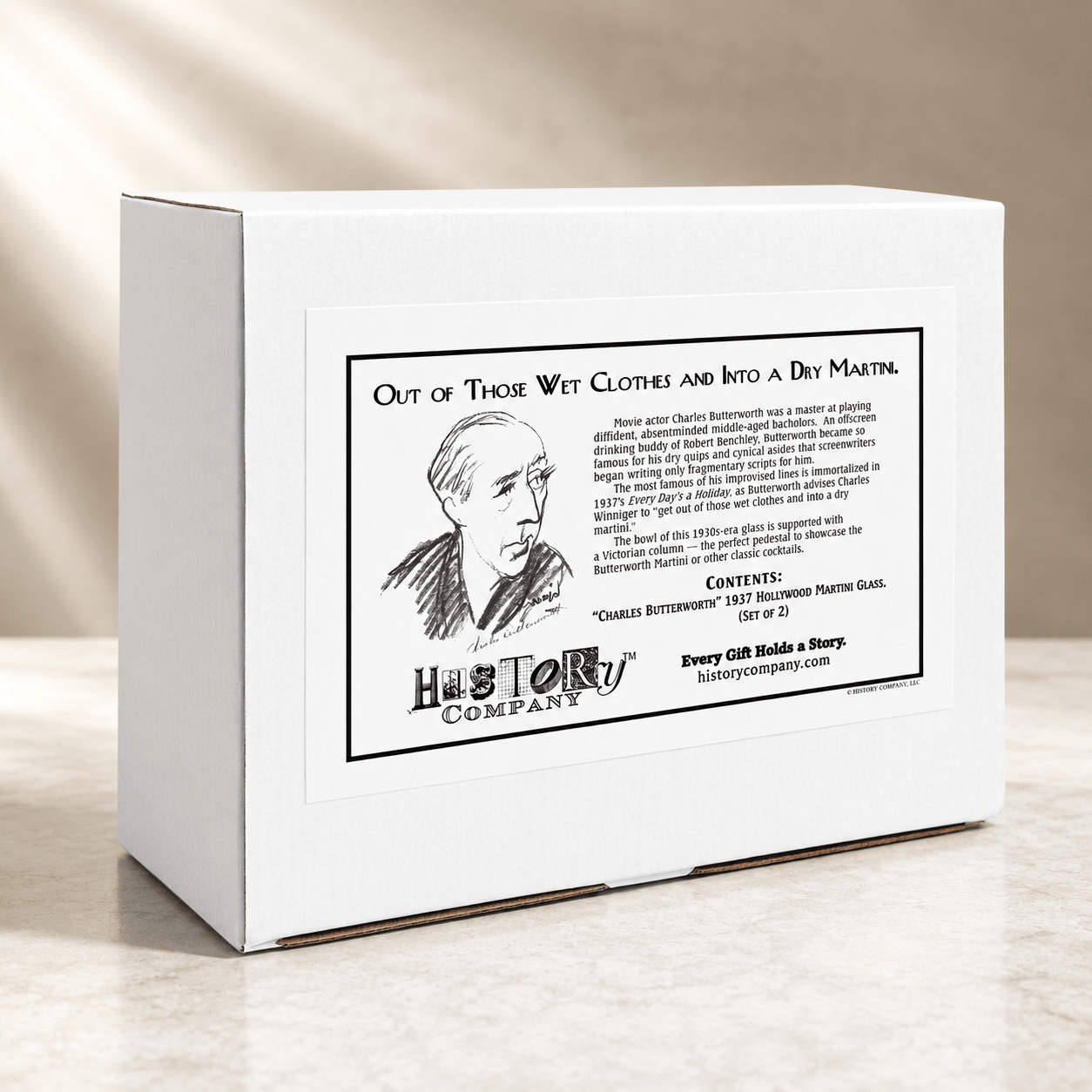 “Charles Butterworth” 1937 Hollywood Martini Glass, 2 - Piece Set (Gift Box Collection) - HISTORY COMPANY