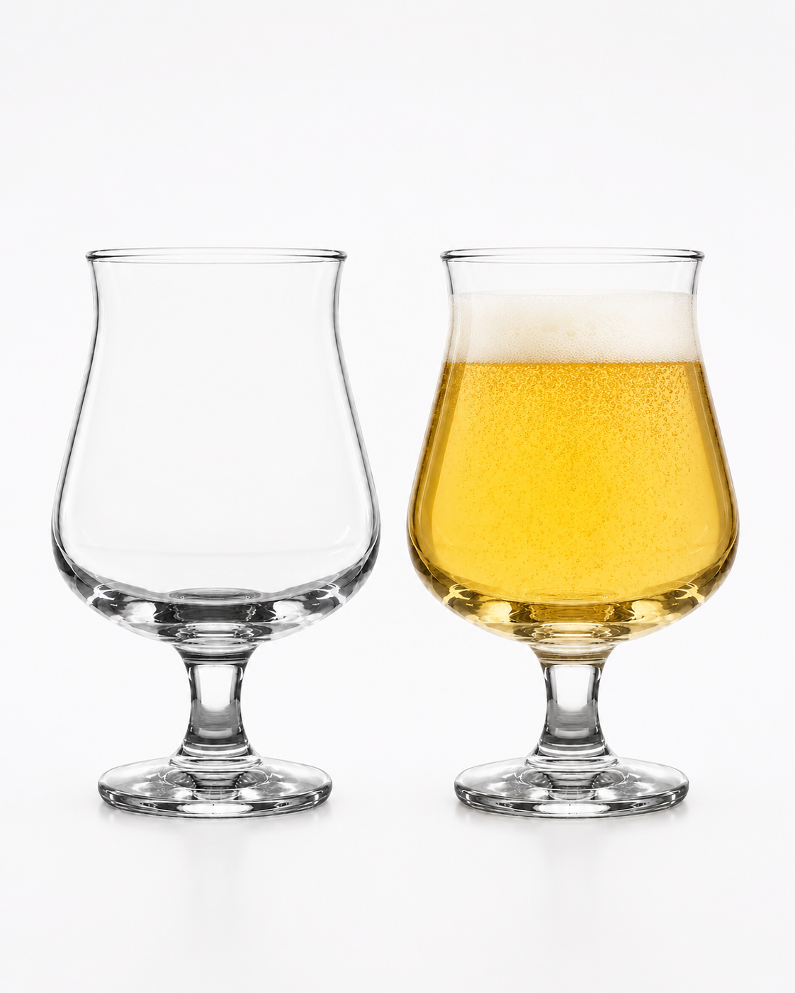 lassic Belgian beer glassware set with one empty glass and one filled with golden beer