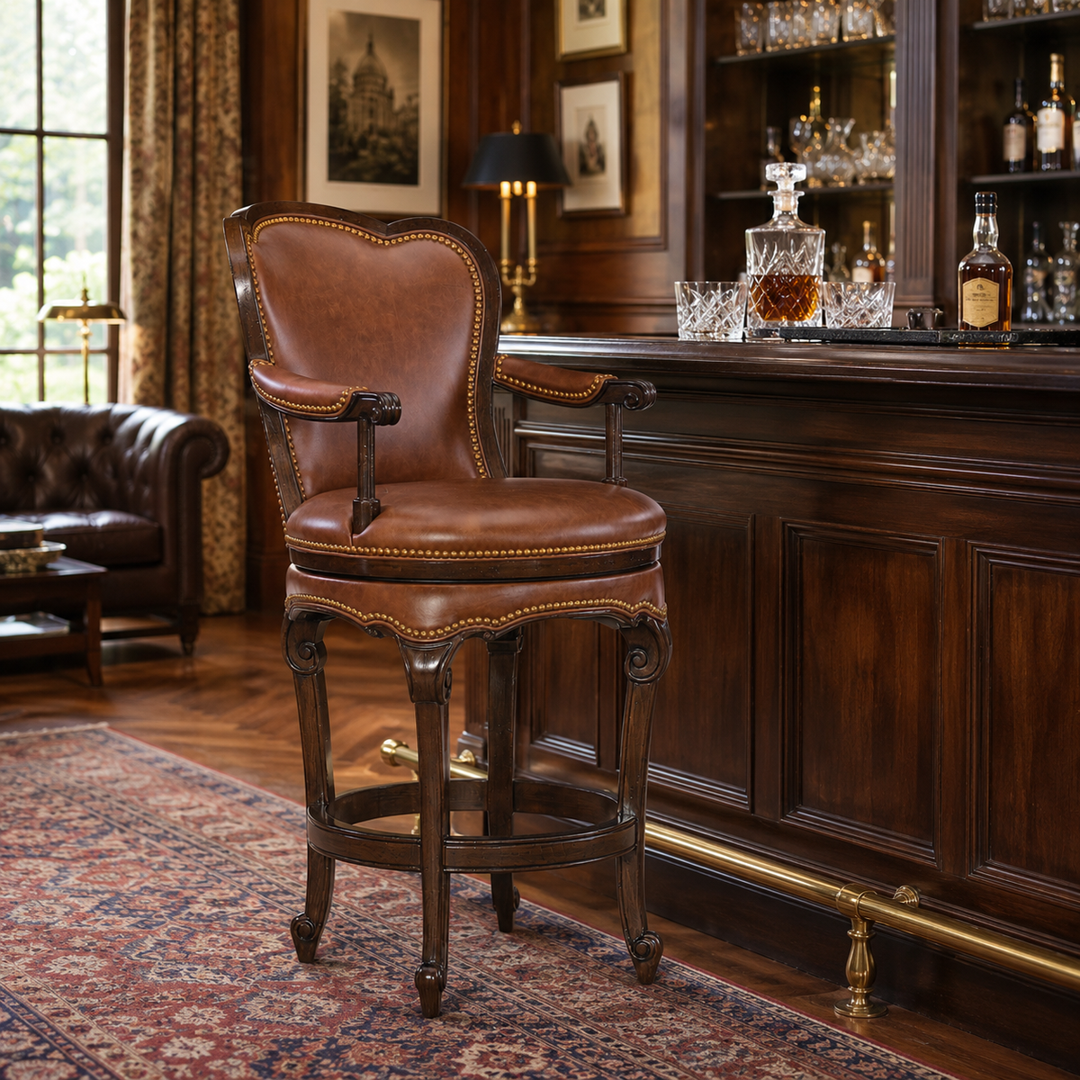 Comfortable leather swivel bar stool with traditional armchair styling, solid wood construction, and timeless Parisian brasserie character.