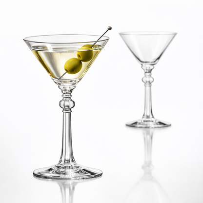 1937 Hollywood martini glass set inspired by Charles Butterworth, classic vintage cocktail style