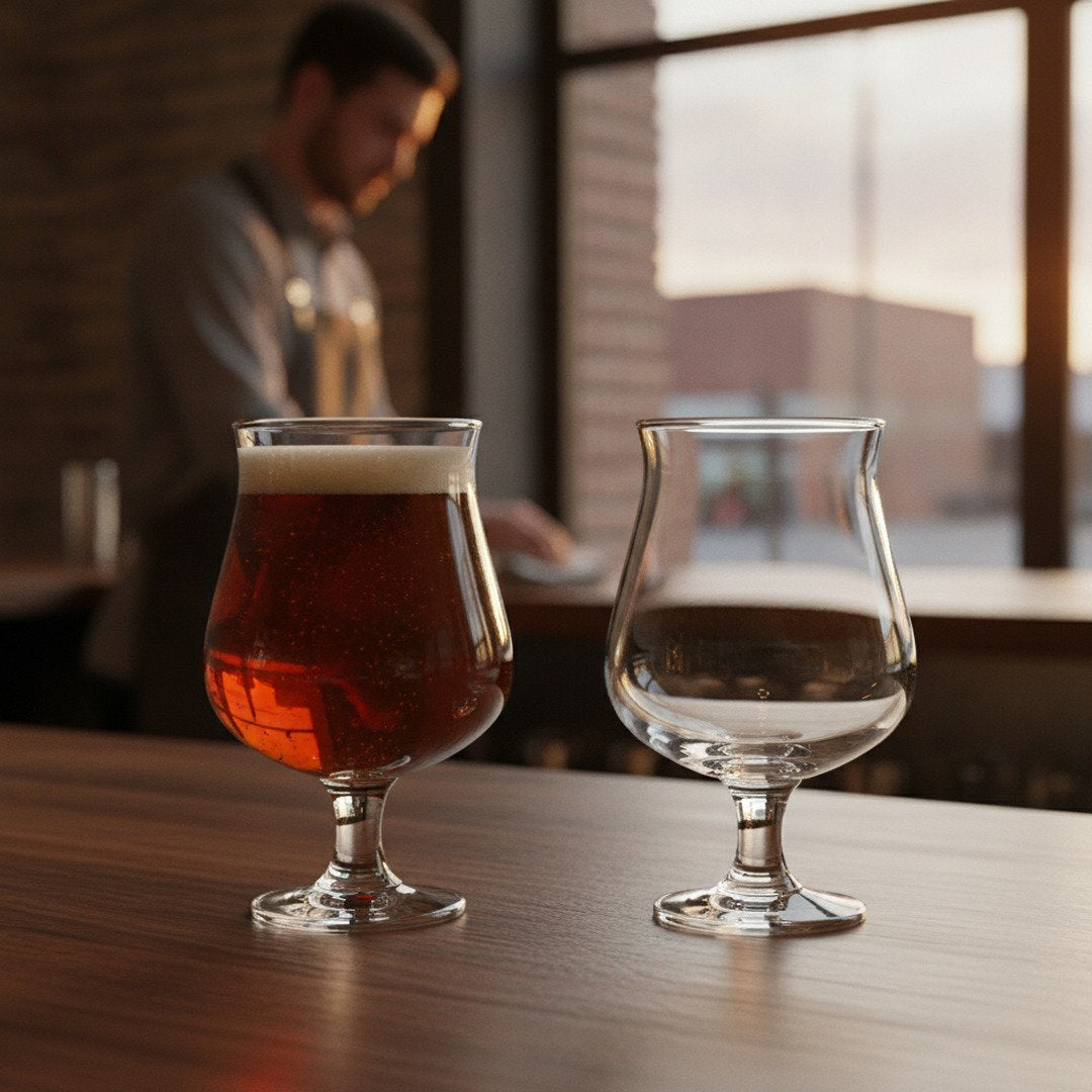 Stemmed Belgian craft beer glasses on a bar, one filled with amber ale and one empty
