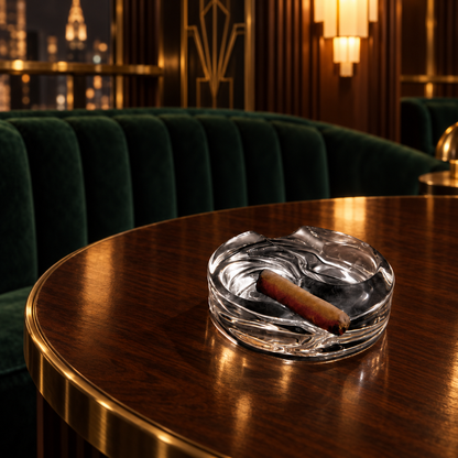 Round crystal cigar ashtray with cigar on a polished wood table in an elegant cigar bar