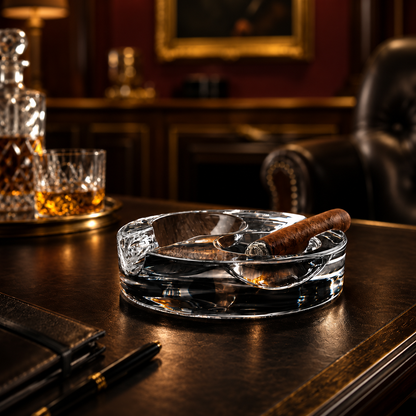 Heavy crystal cigar ashtray with cigar on an executive desk beside whiskey and a leather chair