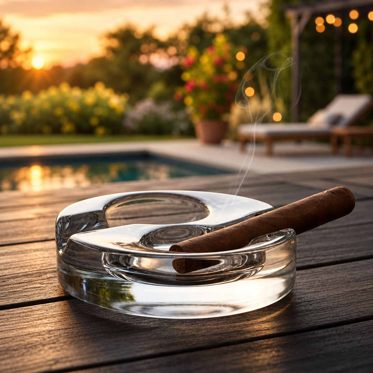 Clear crystal cigar ashtray holding a cigar on an outdoor patio table beside a swimming pool