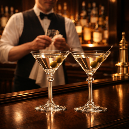 Hollywood-inspired martini glass set, echoing the Golden Age of cinema and cocktail culture