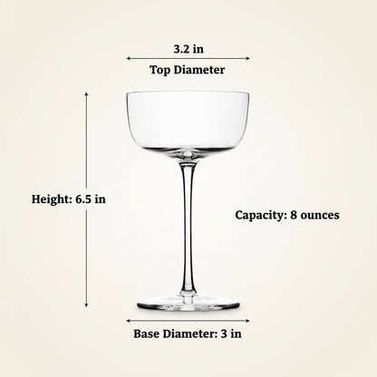 Elegant stemmed coupe glass showing height, rim, and base measurements