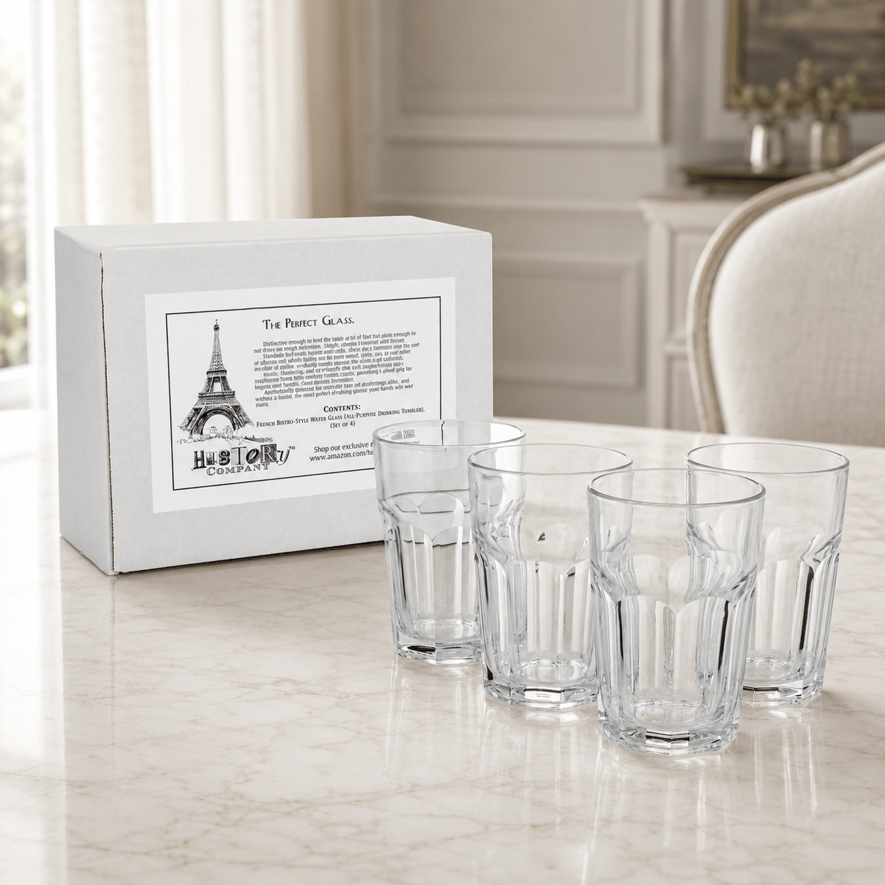 French Bistro Tempered Water Glass (All - Purpose Drinking Tumbler), 4 - Piece Set (Gift Box Collection) - HISTORY COMPANY