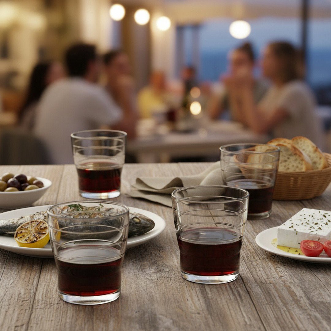 Greek Taverna Stemless Wine Glass Set – "Siga Siga" (Slow Life - Inspired) 4 - Piece Set Gift Box Collection) - HISTORY COMPANY