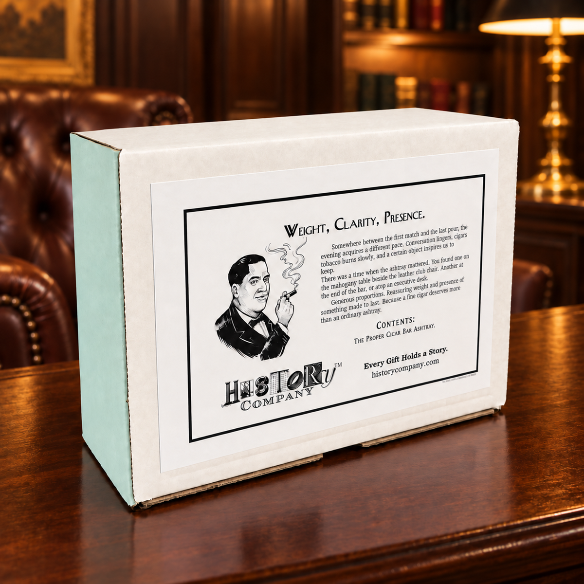 HISTORY COMPANY gift box for The Proper Cigar Bar Crystal Ashtray in an elegant library setting