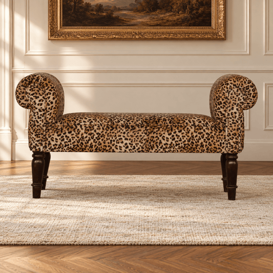 “Hollywood Regency” Leopard-Print Salon Bench. - HISTORY COMPANY