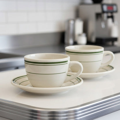 Jersey Diner Coffee Cup and Saucer – Authentic Classic Eggshell White with Green Bands – Two 2 - Piece Sets (Gift Box Collection) - HISTORY COMPANY