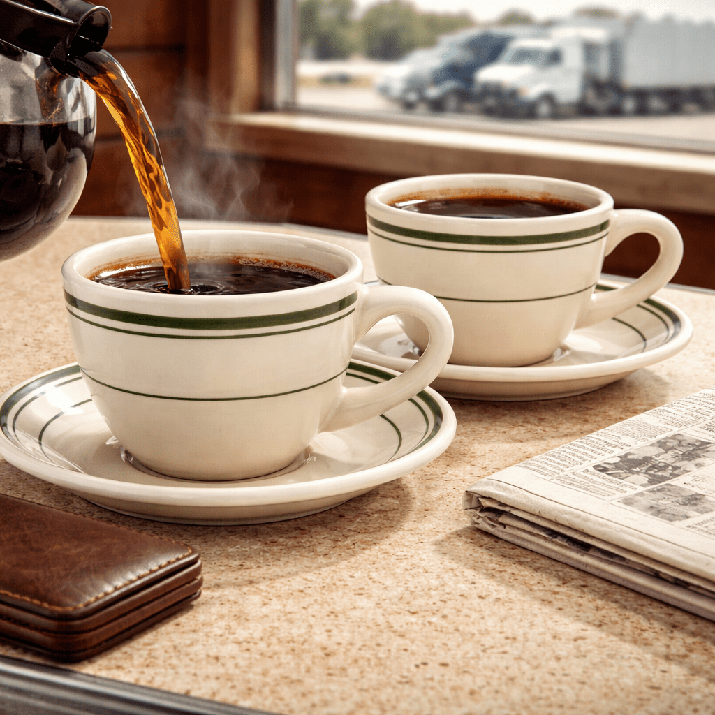 Jersey Diner Coffee Cup and Saucer – Authentic Classic Eggshell White with Green Bands – Two 2 - Piece Sets (Gift Box Collection) - HISTORY COMPANY