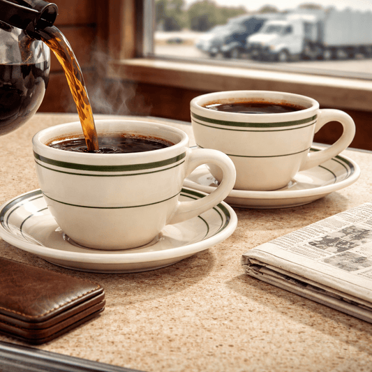 Jersey Diner Coffee Cup and Saucer – Authentic Classic Eggshell White with Green Bands – Two 2 - Piece Sets (Gift Box Collection) - HISTORY COMPANY