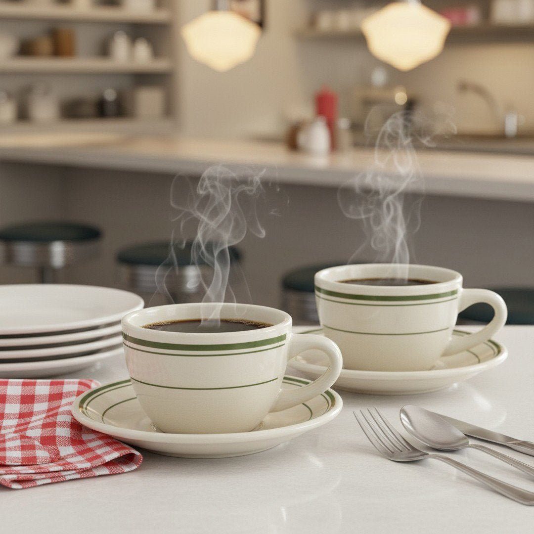Jersey Diner Coffee Cup and Saucer – Authentic Classic Eggshell White with Green Bands – Two 2 - Piece Sets (Gift Box Collection) - HISTORY COMPANY