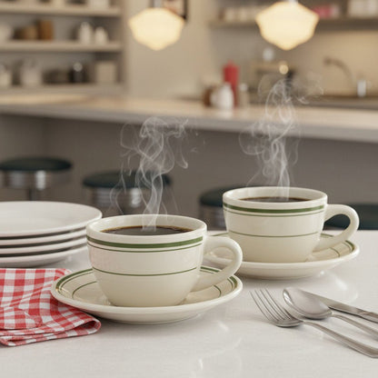 Jersey Diner Coffee Cup and Saucer – Authentic Classic Eggshell White with Green Bands – Two 2 - Piece Sets (Gift Box Collection) - HISTORY COMPANY