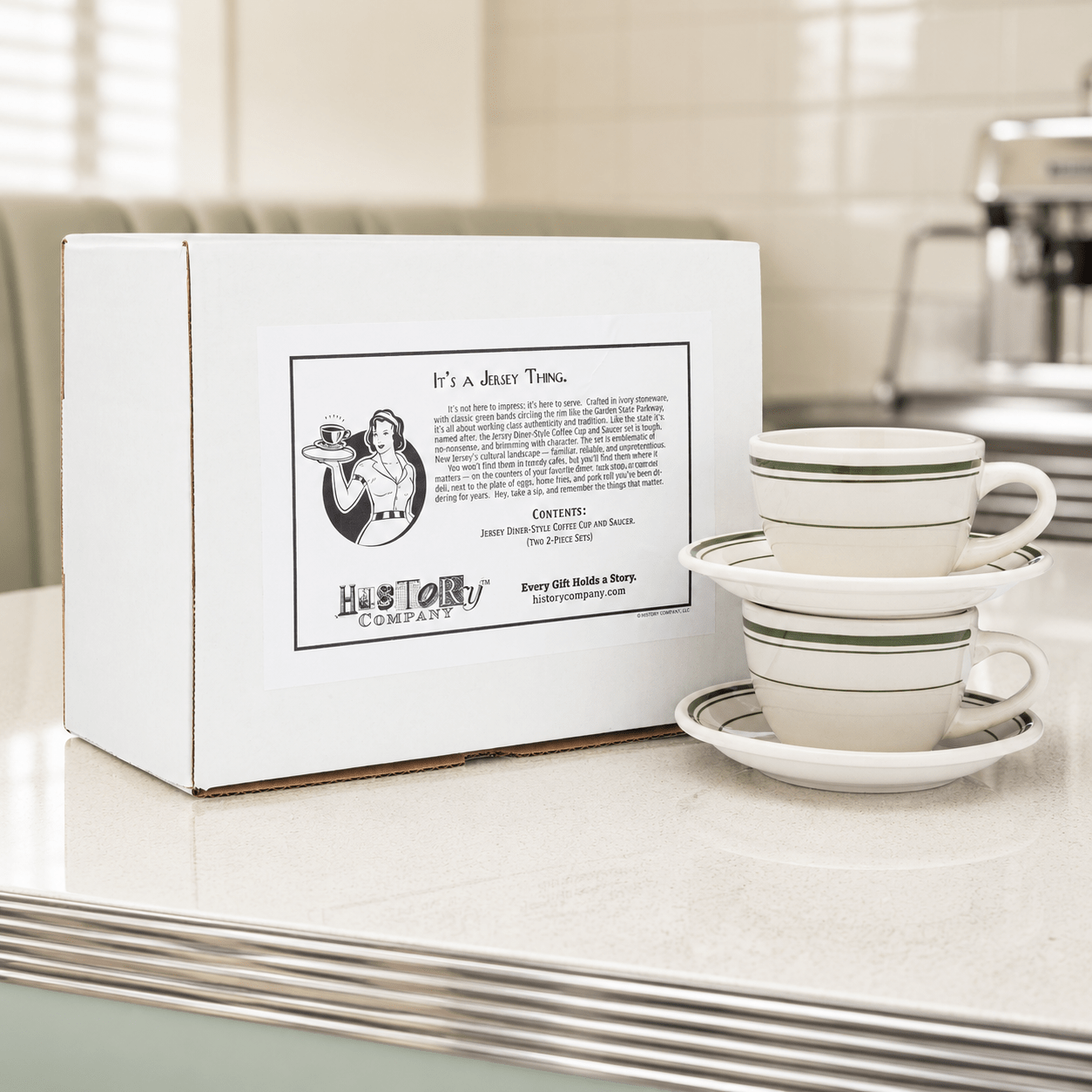Jersey Diner Coffee Cup and Saucer – Authentic Classic Eggshell White with Green Bands – Two 2 - Piece Sets (Gift Box Collection) - HISTORY COMPANY