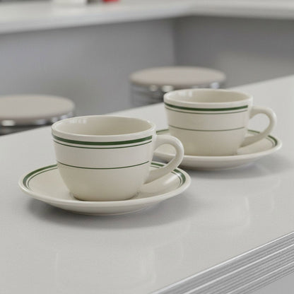 Jersey Diner Coffee Cup and Saucer – Authentic Classic Eggshell White with Green Bands – Two 2 - Piece Sets (Gift Box Collection) - HISTORY COMPANY