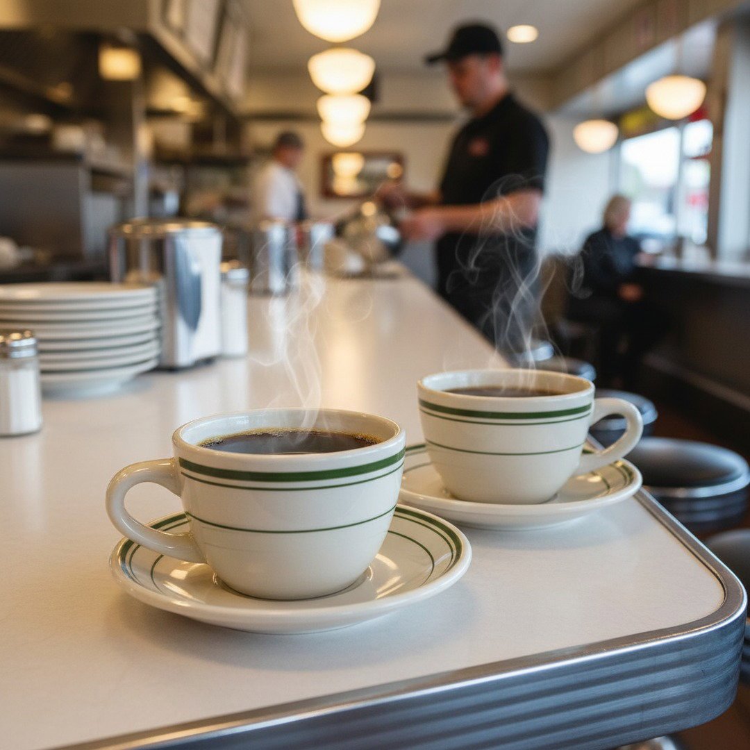 Jersey Diner Coffee Cup and Saucer – Authentic Classic Eggshell White with Green Bands – Two 2 - Piece Sets (Gift Box Collection) - HISTORY COMPANY