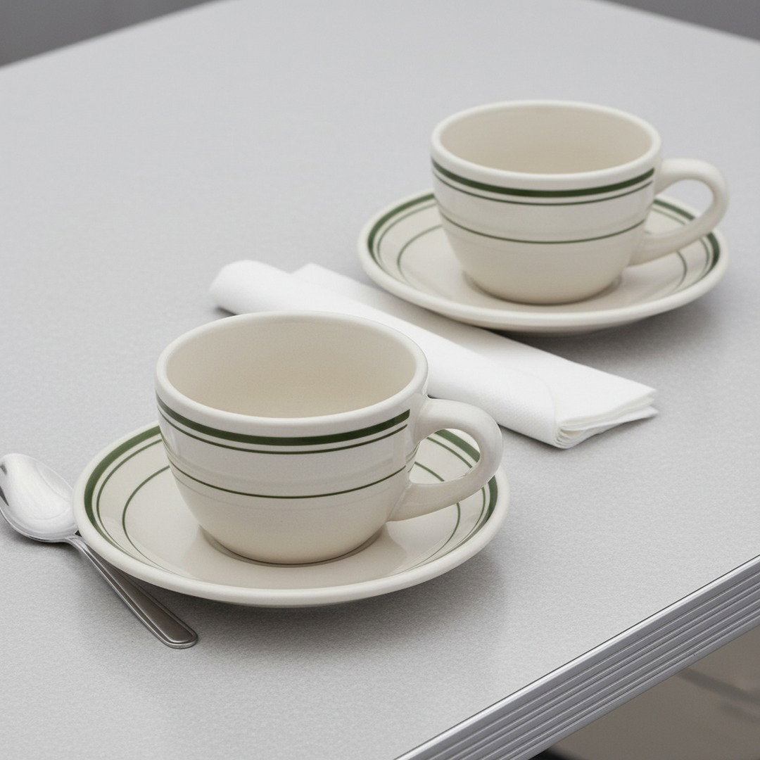 Jersey Diner Coffee Cup and Saucer – Authentic Classic Eggshell White with Green Bands – Two 2 - Piece Sets (Gift Box Collection) - HISTORY COMPANY