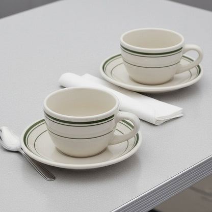 Jersey Diner Coffee Cup and Saucer – Authentic Classic Eggshell White with Green Bands – Two 2 - Piece Sets (Gift Box Collection) - HISTORY COMPANY